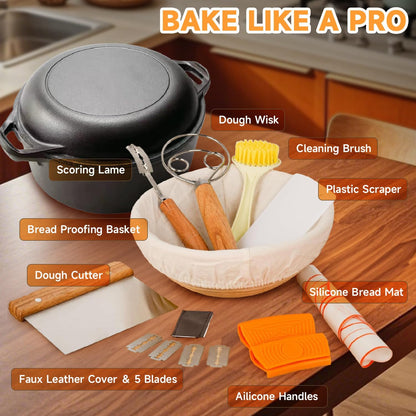 Cast Iron Dutch Oven Bread Baking Kit - 10-Piece Set with Banneton Basket, Dough Scraper, pizza shovel，Bread Lame, Whisk, Brush, and Silicone Grips with Skillet Lid Cooking Pan Handles Lame, 5QT