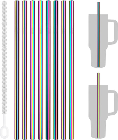 Tomorotec 8PCS Stainless Steel Straws for Stanley Tumbler 40oz, 12" Metal Straws for Stanley Cup with Brush, Reusable Drinking Straws for Smoothies, Milkshakes, Dishwasher Safe & BPA-Free (Iridescent)
