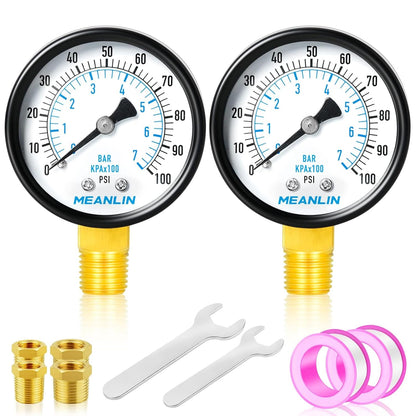 MEANLIN MEASURE 0-100Psi 2" DIAL FACE 1/4" NPT Well Pump Pressure Gauge, with 1/2" NPT and 3/8" NPT Hex Bushing, 3-2-3% Accuracy, Lower Mount (Pack of 2)