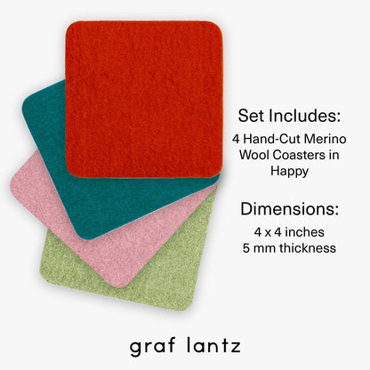 Graf Lantz - Bierfilzl Merino Wool Square Coasters Set of 4 - Happy (4"x4"x5mm) - Absorbs 30% of Weight - Natural German Wool - Heat Resistant, Sustainable, Reusable - Home Decor, Coffee Table Decor