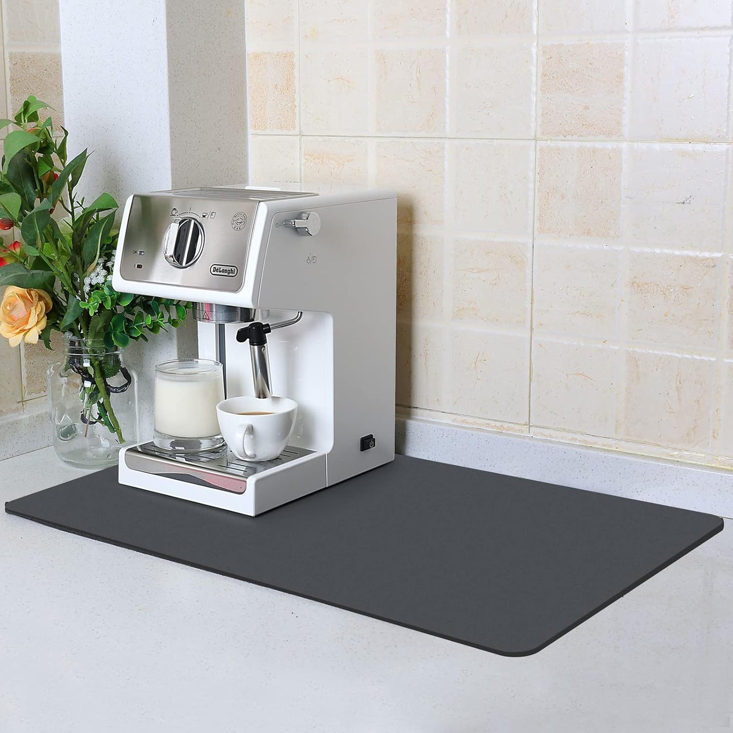 ZLR Coffee Mat - 12" x 20" Middle Kitchen Hide Stain Absorbent Dish Drying Mat for Countertop - Easy to Clean Coffee Bar Mat for Espresso Machine and Spill Protection - Dark Gray