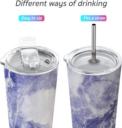 THILY Stainless Steel Vacuum Insulated Tumbler Travel Mug 26 oz Coffee Cup with 2 Lids and Straws, Splash Proof, Keep Ice Drinks Cold, Blue Marble
