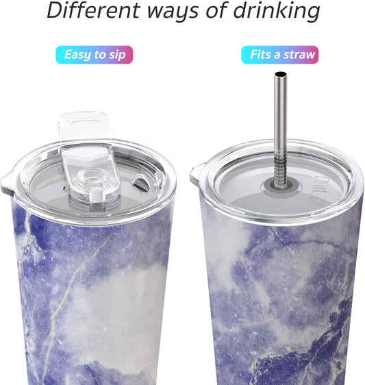 THILY Stainless Steel Vacuum Insulated Tumbler Travel Mug 26 oz Coffee Cup with 2 Lids and Straws, Splash Proof, Keep Ice Drinks Cold, Blue Marble