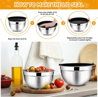 TeamFar Mixing Bowl Set of 5, 4.5/3/1.5/1/0.7 QT, Stainless Steel Metal Nesting Salad Bowl with Lid Set, Ideal for Mixing Serving, Non-Toxic & Sturdy, Airtight Lid & Easy Clean, Black