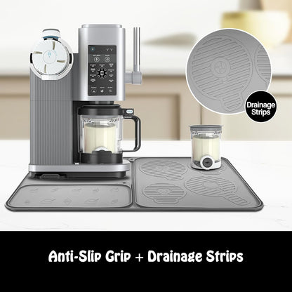 Silicone Coffee Mat 25"x16'' Large Coffee Bar Mat for Counter Station Accessories, Bar Mat with Detachable Dish Drying Mat - Fits Under Coffee Maker, Ice Cream Maker & Dish Rack, 3 IN 1