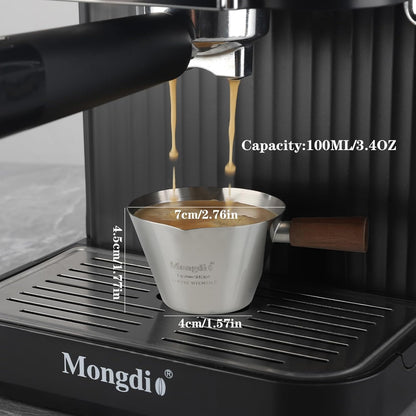 Mongdio Espresso Measuring Cup, Stainless Steel Espresso Shot Cups with Wooden Handle and Double Spouts, 3.4OZ/100ML, Silver