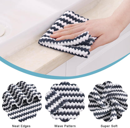 Homaxy 18 Pack Kitchen Dish Cloths, Ultra Soft and Absorbent Dish Towels, Reusable Fast Drying Microfiber Cleaning Cloth, Coral Velvet Wave Design No-lint, 10 x 10 inches, Dark Grey/Navy Blue/Beige
