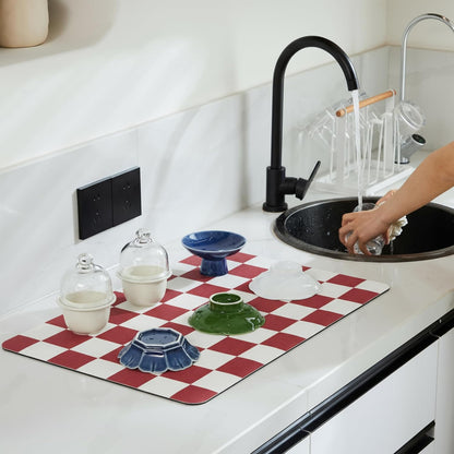 Checkered Dish Drying Mat for Kitchen Counter, Coffee Bar Station Accessories, Retro Cute Aesthetic Modern Absorbent Drainer Mat Kitchen Drying Mat Easy Clean (Red, 24" x 16")