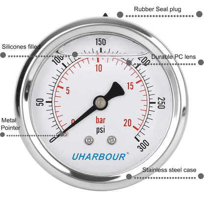 Glycerin Filled Pressure Gauge 200psi/14bar, Stainless Steel case, Brass Inside Construction, 2-1/2" dial, 1/4" NPT Back Connection.…