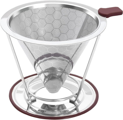 Pour Over Coffee Dripper Stainless Steel Coffee Filter Metal Cone Filter Paperless Reusable Single Cup Maker 1-2 Cup With Non-slip and Removable Cup Stand