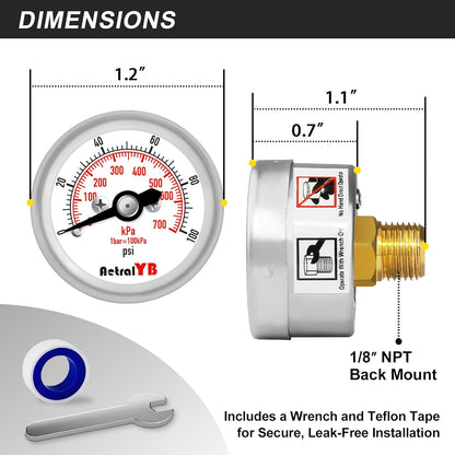 100Psi/700Kpa Mini Pressure Gauge,Stainless Steel Housing,Brass Internal,1.2 Inch Dial,NPT 1/8" Back Mount,Dry Type, Lead-Free Material,for Air,Water,Oil Pressure Test