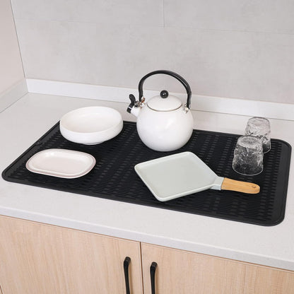 Silicone Dish Drying Mat for Multiple Usage,Easy clean,Eco-friendly,Heat-resistant Silicone Mat for Kitchen Counter or Sink,Refrigerator or Drawer Liner Black 4XL 32 inches x 18 inches