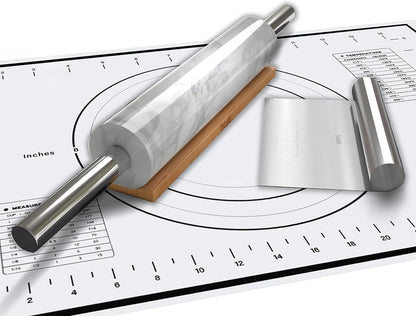 White Marble Rolling Pin with Stainless Steel Handles Baking Set - Silicone Baking Mat, Bench Scraper, Wooden Base