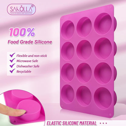 Sakolla 3 Pcs Round Chocolate Cookie Molds, 12-Cavity Cylinder Silicone Molds, Perfect for Chocolate Covered Cookie, Cake, Candy, Pudding, Mini Soap (2 Rose Red & 1 Blue)