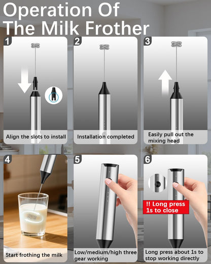 Rechargeable Milk Frother with Stand, Electric Frother Wand Handheld Coffee Foam Maker Detachable Stainless Steel Whisk Drink Mixer Foamer for Latte, Cappuccino, Hot Chocolate, Egg (Silver)