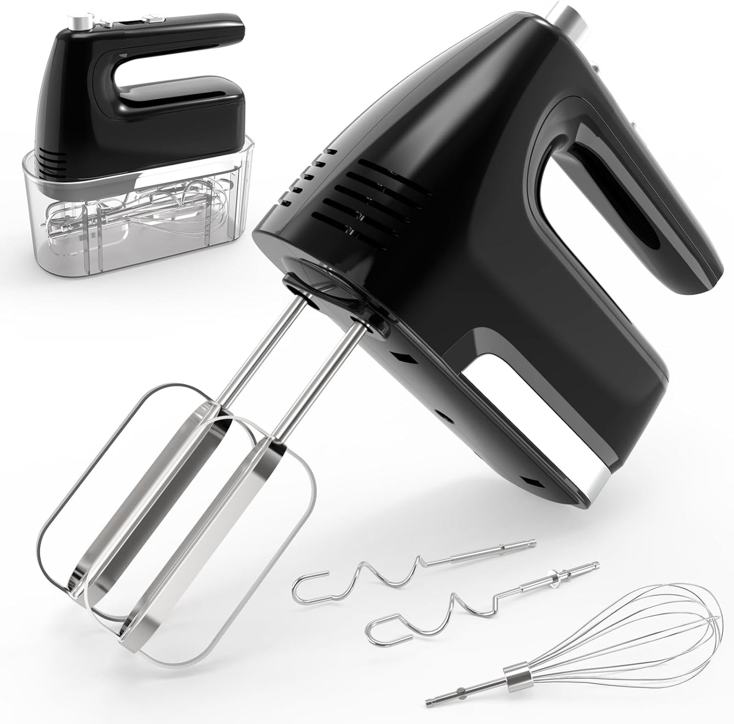 CBQ Hand Mixer Electric, 5-Speed 400W Powerful Motor, Hand Mixer Electric Handheld with Storage Case, Turbo Boost and 5x Accessories, Flat Beaters, Dough Hooks, Whisk (Black)