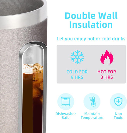 Volhoply 14oz Insulated Stainless Steel Coffee Mug with Lid Bulk 2 Pack,Double Wall Vacuum Travel Coffee Cup with Handle,Reusable Metal Cups Tumbler,Camping Mugs Keep Hot,Ideal Gifts(Gray,2 Set)