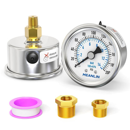 MEANLIN MEASURE 0~200Psi Dry Pressure Gauge Stainless Steel 1/8" NPT 2" FACE DIAL Waterproof for Air Compressor Air Regulator Water Filter Center Back Mount, with 1/4" NPT and 3/8" NPT Hex Bushing