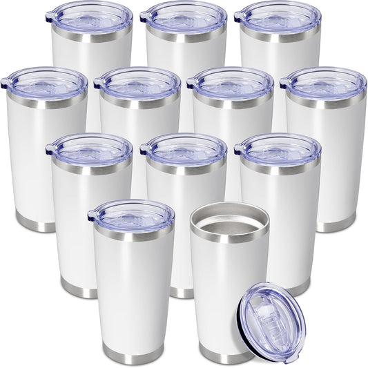 20 oz Tumbler Coffee Tavel Tumblers Bulk with Lid Stainless Steel Double Wall Vacuum Insulated Mug Powder Coated Cups fit Car Cupholder for Hot and Cold - White, 12Pack
