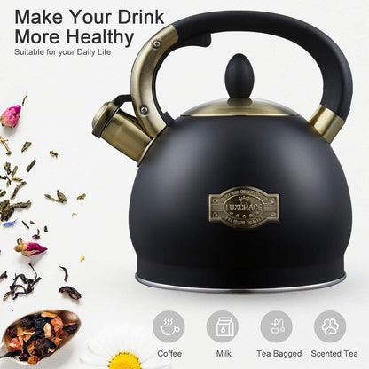 Stove Top Whistling Tea Kettle- Stainless Steel Teakettle Teapot with Ergonomic Handle 2.6 Quart(Black)
