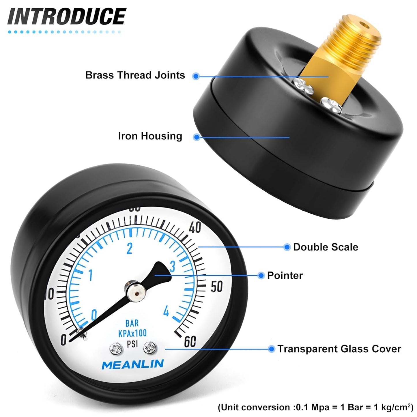 MEANLIN MEASURE 0-60Psi 2" DIAL FACE 1/4" NPT Well Pump Pressure Gauge, with 1/2" NPT and 3/8" NPT Hex Bushing, Pool Sand Filter WOG Water Oil Air Pressure Test, Center Back Mount