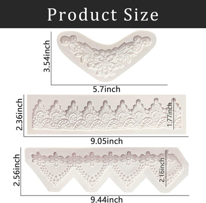 Lace Fondant Mold Set of 3, Edible Lace border Cake Decorating Imprint Mat Silicone Molds for Wedding, Valentine's Day, Chocolate, Cupcake, Cookies, Gum, Candy, Marzipan, Polymer Clay, Epoxy Crafts