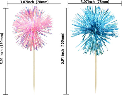 Ephlyn 30Pcs Foil Firework Cupcake Toppers Sparkle Tinsel Cupcake Picks Happy Birthday Cake Decorations Drink Stirrers Cocktail Food Toothpicks for Baby Shower Graduation Party Supplies Blue Pink