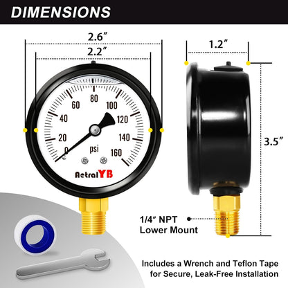 0-160 Psi Pressure Gauge,Stainless Steel Case,Glycerin Liquid Filled, 2.5" Dial Size, 1/4" NPT Lower Mount, IP67 Waterproof,for Water Pump, Air Compressor, Well Pump, RV Regulator