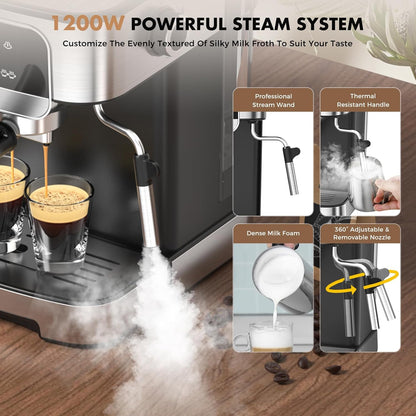 Espresso Machine 20 Bar, Professional Espresso Maker With Auto Milk Frother, Home Compact Espresso Coffee Machine With Led Touch Screen, 61OZ Removable Water Tank For Latte, Cappuccino