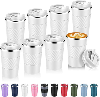Volhoply 13 oz Stainless Steel Insulated Travel Coffee Mug with Fip Lid Bulk 8 Pack,Reusable Double Wall Vacuum Metal Coffee Cup,Portable Leak Proof Thermal Tumbler for Hot & Cold Drinks(White,8)