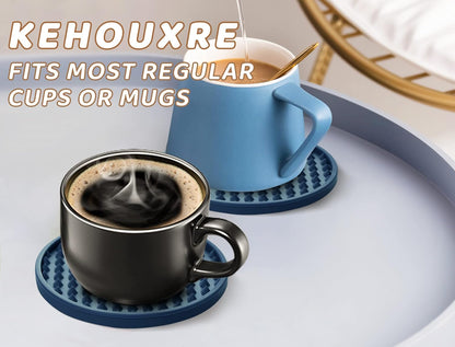 Coasters for Drinks 6 Pcs Drink Coaster with Holder,Heat Resistant Silicone Cup Mat Tabletop Protection,Non-Slip Rubber Coasters for Kinds of Cups (Blue)