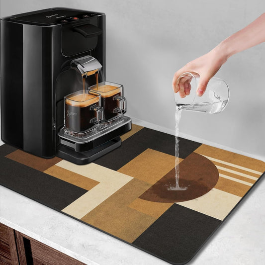 Arttown Coffee Mat for Countertops, Retro Ethnic Geometric Modern Black Brown Dish Drying Mat 2 Pcs for Kitchen Bar Accessories, Coffee Maker Espresso Machine Dish Rack Hide Stain Rubber 12x19in