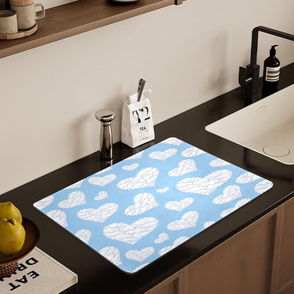 Valentine's Day Heart Blue Dish Drying Mat for Kitchen Counter, 23.6"x19.7" Coffee Bar, Super Absorbent Dish Drying Pad with Non-slip Rubber Backed, Quick Drying Mat for Coffee Machine