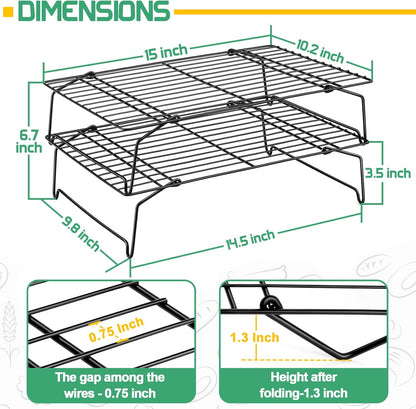 P&P CHEF Cooling Rack Set of 2, 2-Tier Stackable Stainless Steel Wire Racks for Baking Cooking Cooling Roasting, Collapsible & Heavy Duty, Oven Safe & Easy Clean, 15" x 10", Black