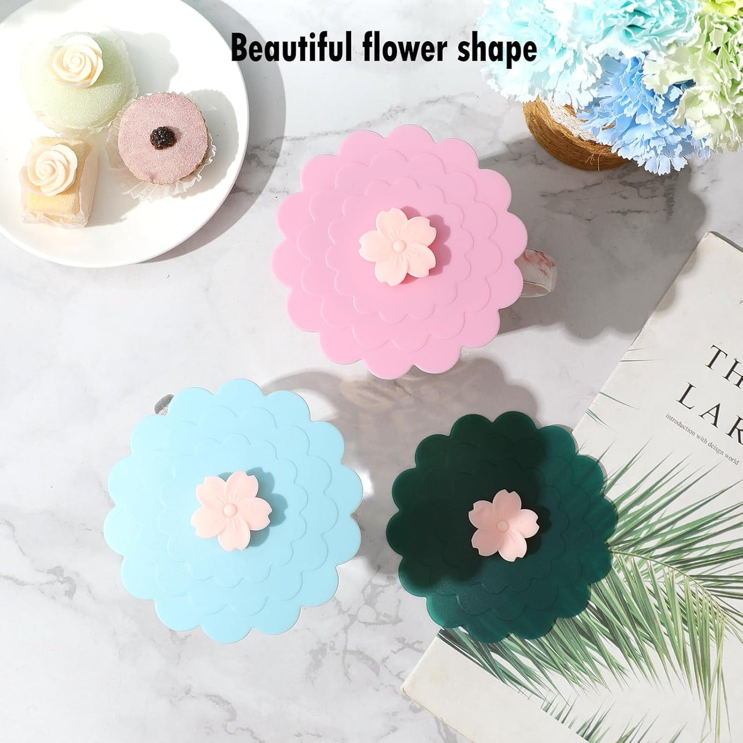 Peach blossom Silicone Cup Covers (Set of 3) ， Multicolored Silicone Lids for Mugs, Cups, Tea Pots,Flexible Mug Covers，Hot Cup Lids for Coffee & Tea