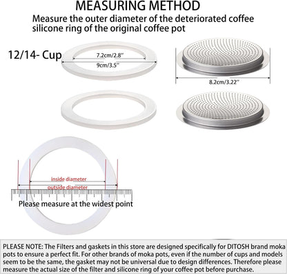 2 Pcs Filter with 3 Pcs Silicone Gasket Seals for 12 Cup 14 Cup Stovetop Espresso Coffee Maker Replacement Parts for DITOSH Aluminium Moka Pot