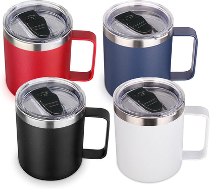 Volhoply 14oz Insulated Stainless Steel Coffee Mug with Lid Bulk 4 Pack,Double Wall Vacuum Travel Coffee Cup with Handle,Reusable Cups Tumbler,Camping Mugs Keep Hot,Ideal Gifts(Assorted,4)