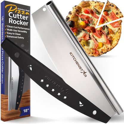 KitchenStar 18-Inch Pizza Cutter Rocker Blade - Sharp Stainless Steel Slicer Knife, Protective Cover, Dishwasher Safe, Extra Large - Commercial Pizza Oven Accessories