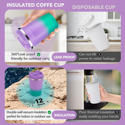 Volhoply 12 oz Double Wall Insulated Vacuum Travel Coffee Mug with Flip Lid Bulk 2 Pack,Reusable Stainless Steel Leak Proof Coffee Cup,Cafe Thermal Tumbler for Cold & Hot Drinks(Purple Green,2 Set)