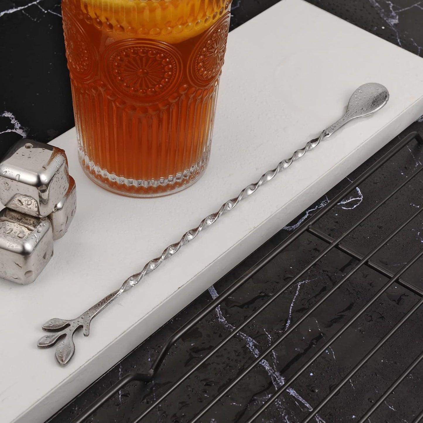 AnSaw Silver 10-Inch Stainless Steel Cocktail Spoon with Leaf Handle - Perfect for Mixing & Layering Drinks in Tall Cups, Bar & Shakers - Durable Long Handle Bar Stirrer,1-Pieces