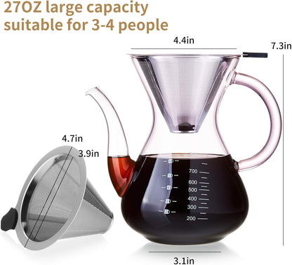 Unbreakable - Pour Over Coffee Maker with Double Stainless Filter 34 fl oz, Thickened Heat-Resistant Borosilicate Glass Pour Over Coffee Dripper, Stovetop Safe