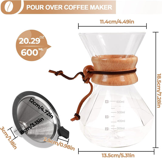 Pour Over Coffee Maker 600ml with 304 Stainless Steel Filter and Wooden Collar Holder Borosilicate Glass Drip Coffeemaker Server Set Clear Hand Brew Dripper Carafe for Home Camping Travel 20.3oz