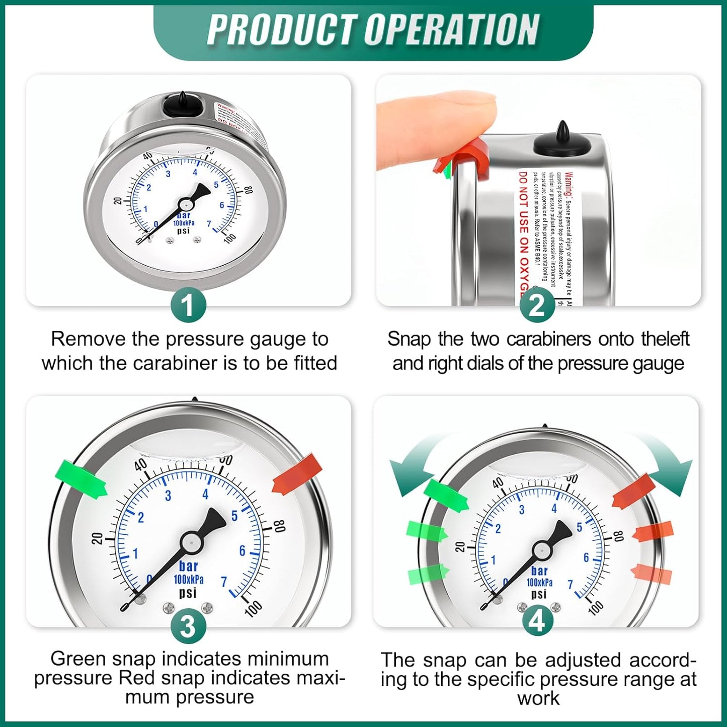 0-100PSI Stainless Steel Liquid Filled Pressure Gauge, 2.5" Dial Size, 1/4" NPT 316 Stainless Steel Joint, Back Mount, for Tube, Water Pump, Gas, Liquid (with Range Mark Pointer)