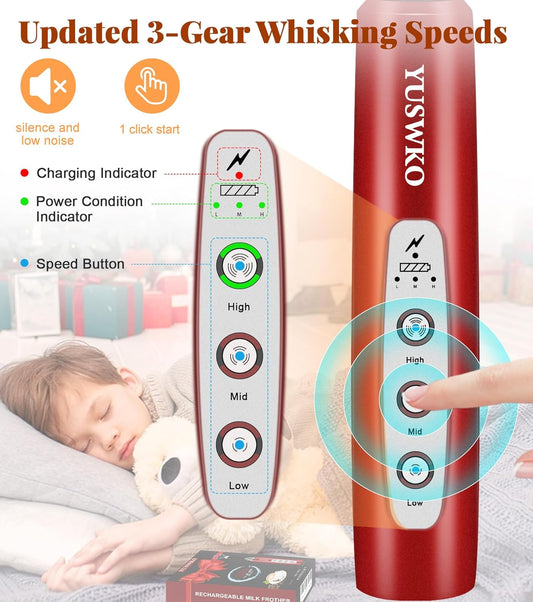 YUSWKO Milk Frother Handheld for Coffee, Rechargeable Drink Mixer with 3 Heads 3 Speeds Electric Coffee Frother Whisk, Gift for Many Occasions and Festival