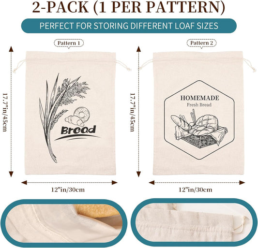 2 Pack of Bread Bags for Homemade Bread，Reusable Linen Sourdough Storage Bags with Plastic Liner,Cotton (17.7" x12")