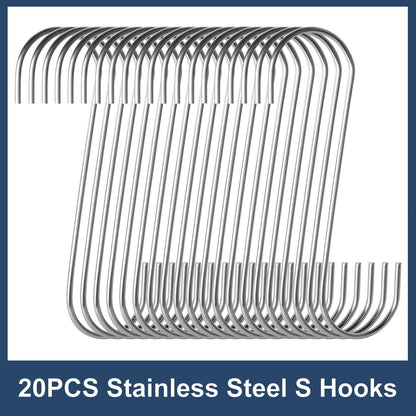 20-Pack S Hooks - Stainless Steel Heavy Duty S Hooks for Hanging pots, Pans, Plants, Coffee Mugs, Towels in Kitchen and Bathroom, Coat, Bag, Work Shop, Perfect Rack Hooks
