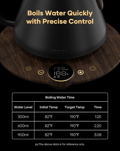 Cocinare FLOW B9 Gooseneck Electric Kettle, Precise Temperature Control for Pour-Over Coffee & Tea Brewing, Stainless Steel Interior, Rapid Heating for Boiling Water 1500W/0.9L (Black Wooden)
