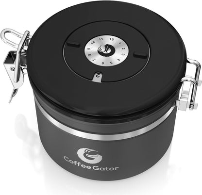 Coffee Gator Coffee Canister, 11oz Airtight Stainless Steel Kitchen Food Storage Container with Date-Tracker, CO2-Release Valve and Scoop for Beans, Grounds, Sugar, Cookies Jars, Tea, Cereal - Gray