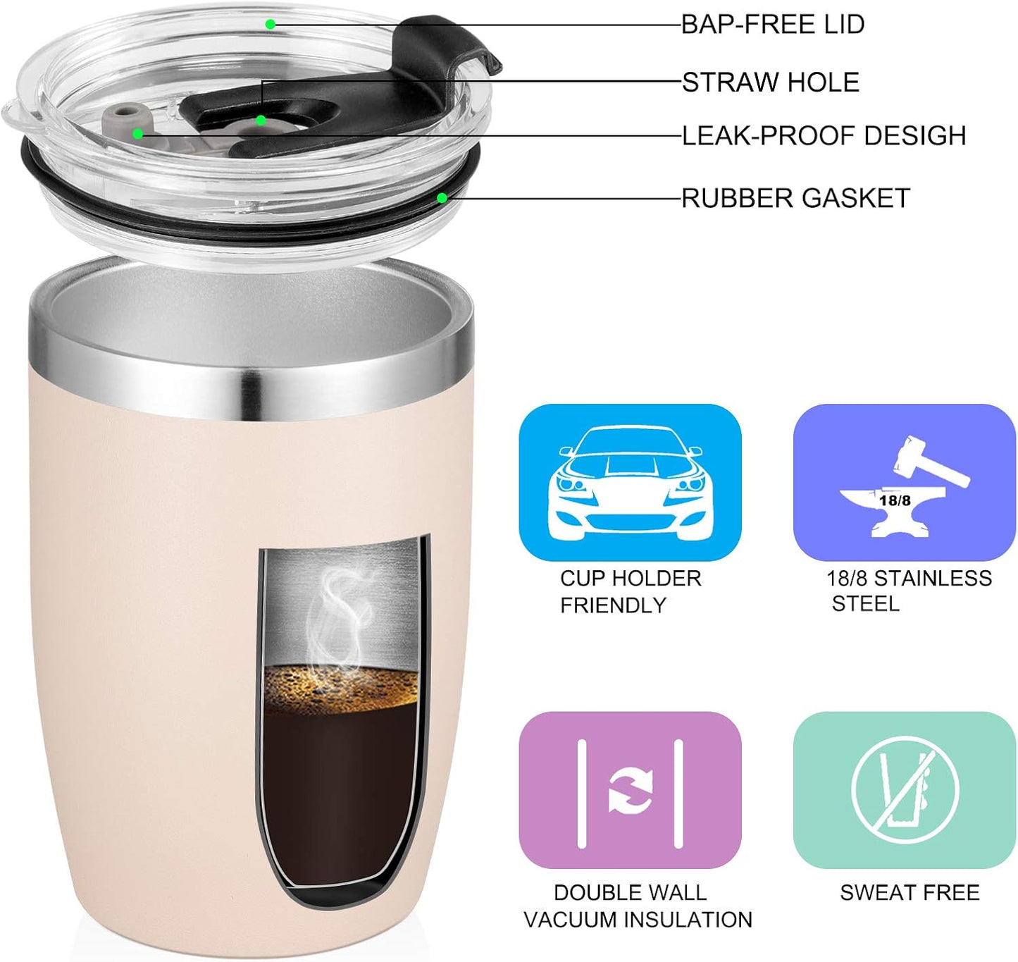 VEGOND Stainless Steel 12 oz Tumblers bulk Vacuum Insulated Double Wall Travel Tumbler with Lid and Straw Reusable Tumbler, Beige 6 pack