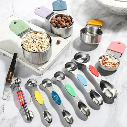Magnetic Measuring Cups and Spoons Set of 16 Includes Stainless Steel Magnetic Measuring Cup Double Sided Magnetic Measuring Spoons with 1 Leveler for Dry and Liquid Ingredients